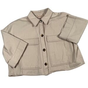Good Luck Gem Shirt Small Beige Cropped Button Up Utility Pockets Minimalist